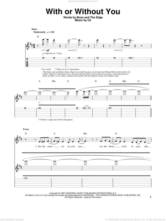 With Or Without You sheet music for guitar (tablature, play-along) by U2, Bono and The Edge, intermediate skill level