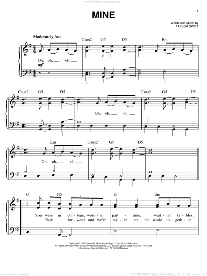 Mine, (easy) sheet music for piano solo by Taylor Swift, easy skill level