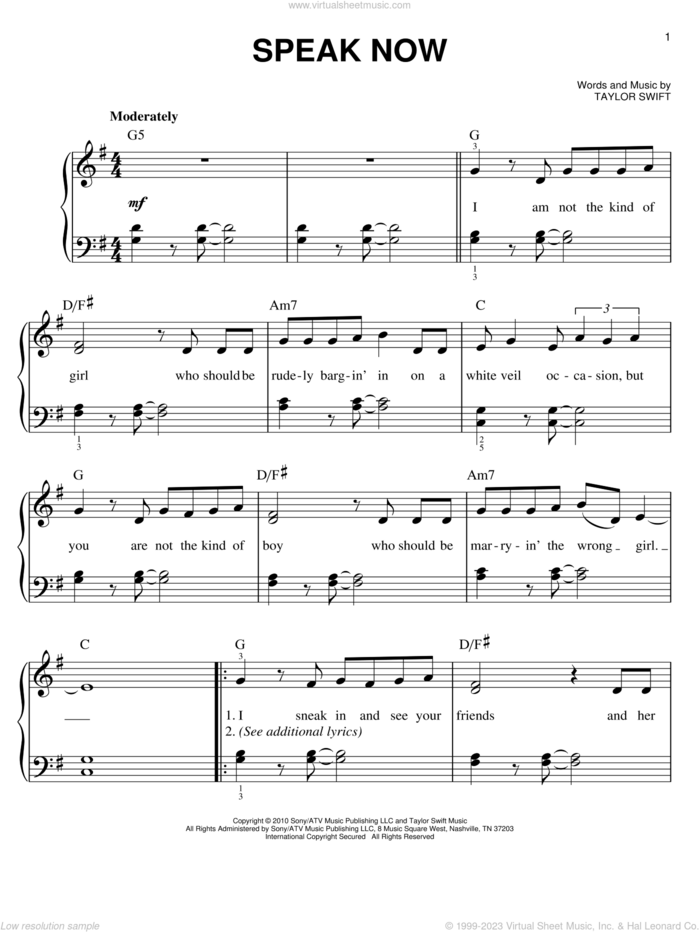 Speak Now, (easy) sheet music for piano solo by Taylor Swift, easy skill level