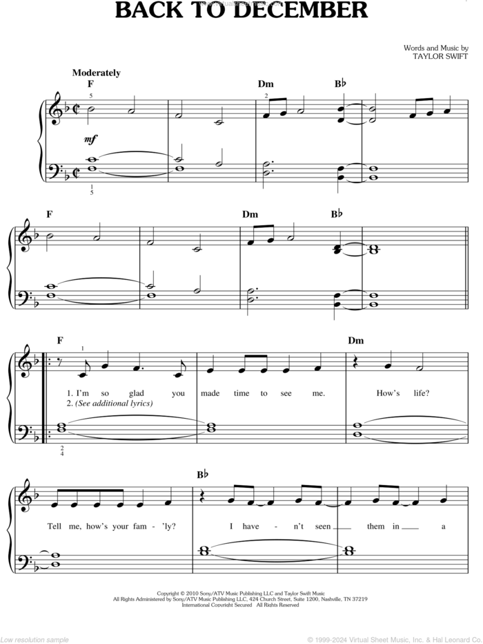 Back To December, (easy) sheet music for piano solo by Taylor Swift, easy skill level