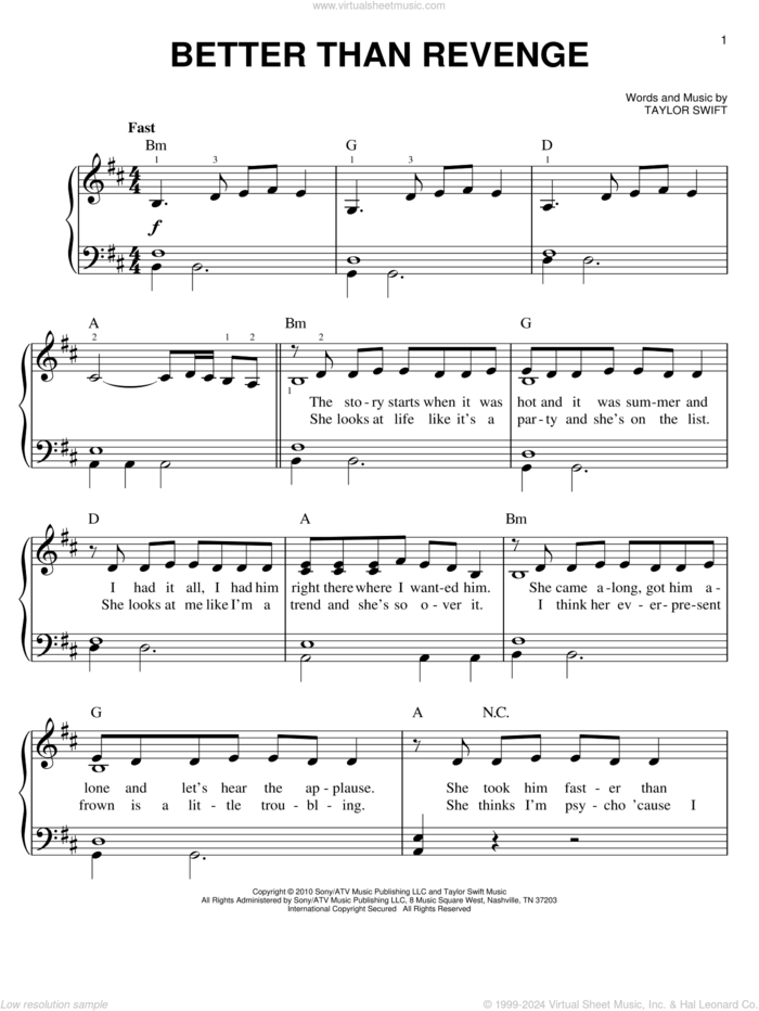 Better Than Revenge sheet music for piano solo by Taylor Swift, easy skill level