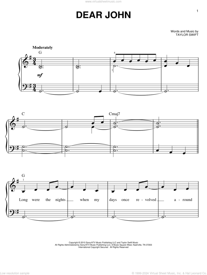 Dear John sheet music for piano solo by Taylor Swift, easy skill level