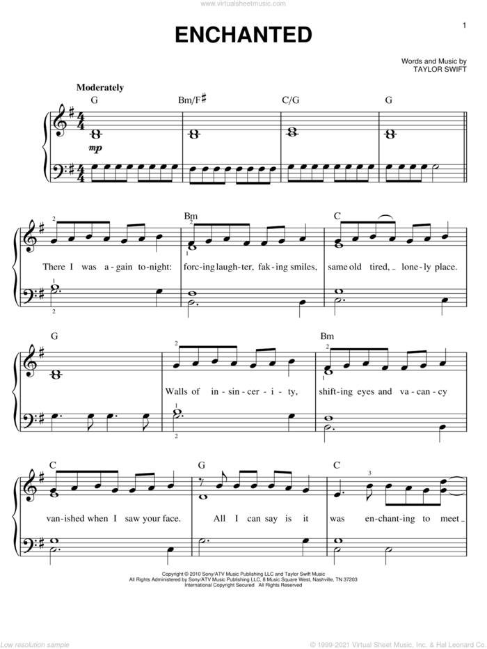 Enchanted sheet music for piano solo by Taylor Swift, easy skill level