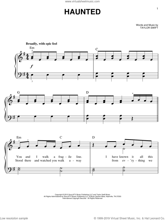 Haunted sheet music for piano solo by Taylor Swift, easy skill level