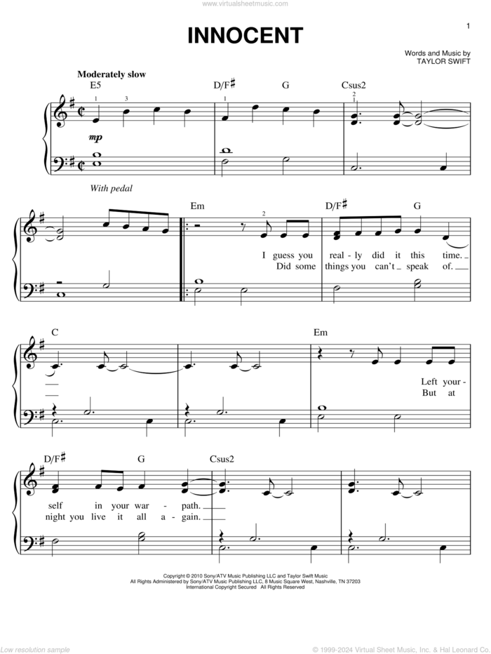 Innocent sheet music for piano solo by Taylor Swift, easy skill level