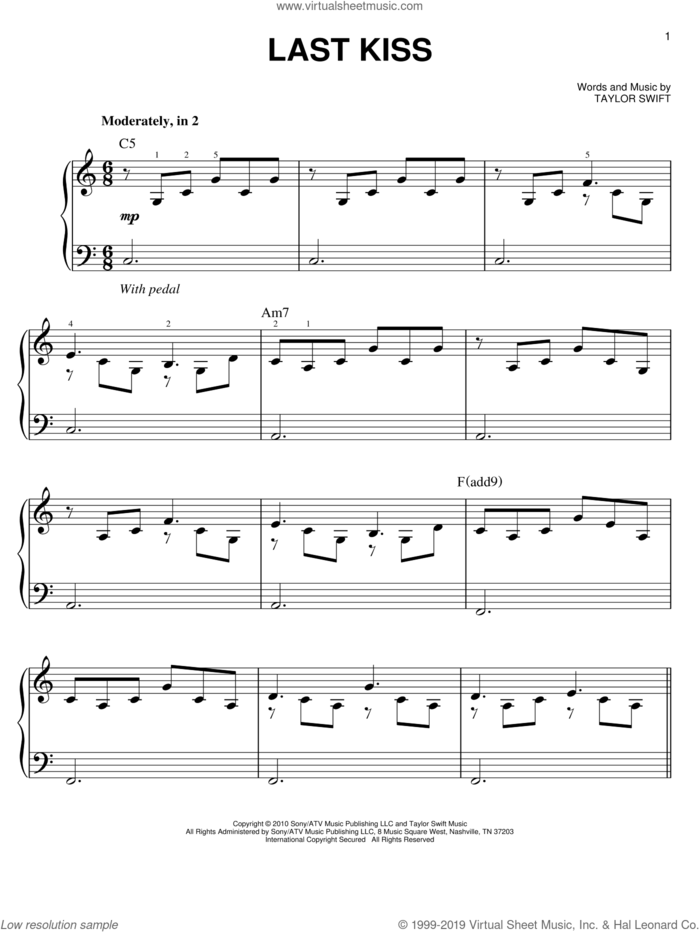 Last Kiss sheet music for piano solo by Taylor Swift, easy skill level