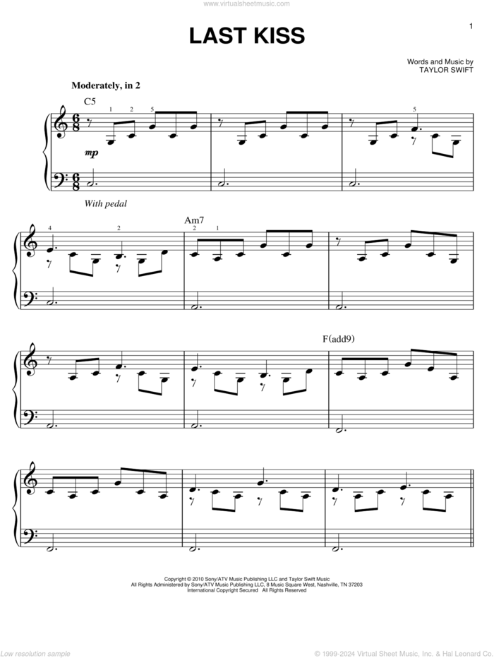 Last Kiss sheet music for piano solo by Taylor Swift, easy skill level