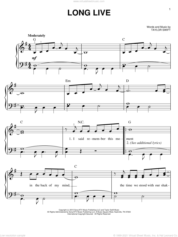Long Live sheet music for piano solo by Taylor Swift, easy skill level
