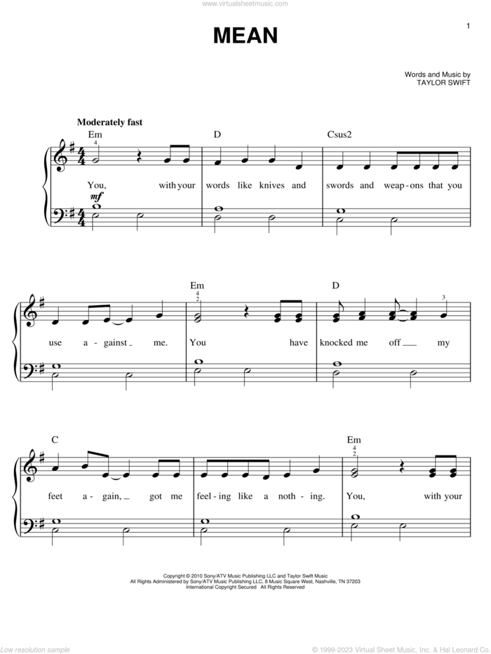 Mean sheet music for piano solo by Taylor Swift, easy skill level