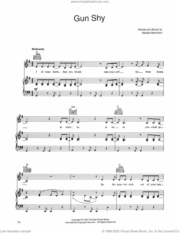 Gun Shy sheet music for voice, piano or guitar by 10,000 Maniacs and Natalie Merchant, intermediate skill level
