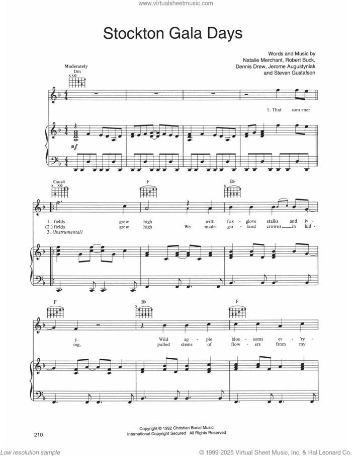 Stockton Gala Days sheet music for voice, piano or guitar by 10,000 Maniacs, Dennis Drew, Jerome Augustyniak, Natalie Merchant, Robert Buck and Steven Gustafson, intermediate skill level