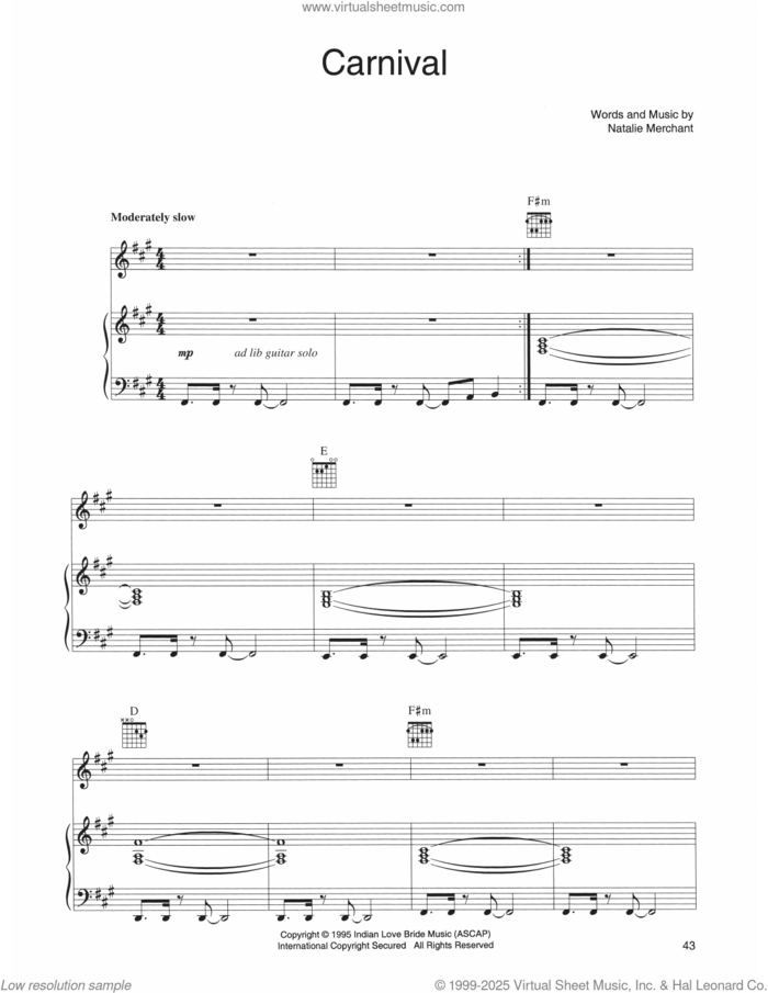 Carnival sheet music for voice, piano or guitar by Natalie Merchant, intermediate skill level