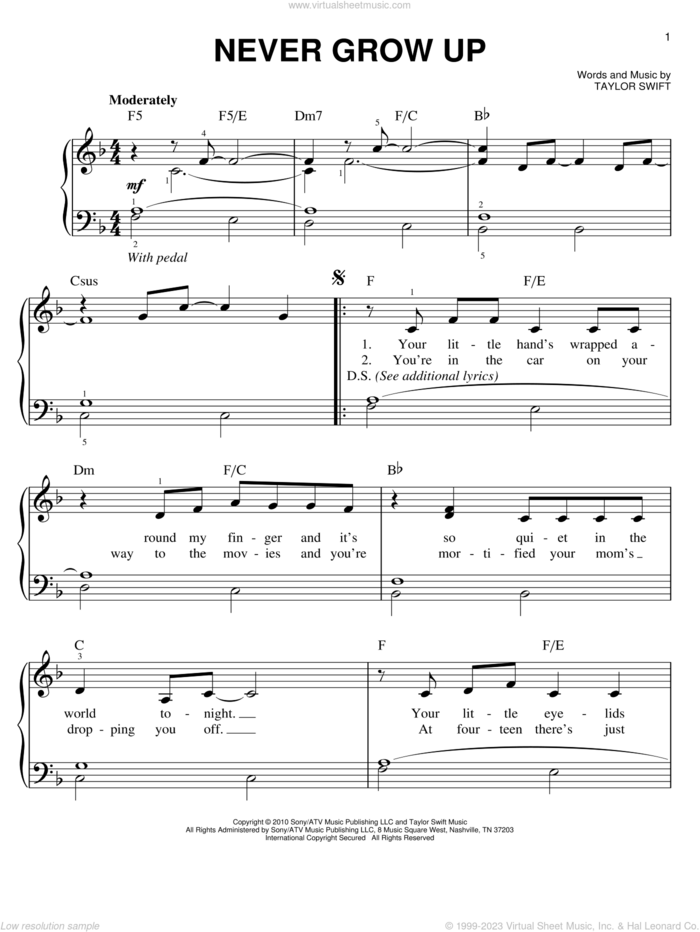 Never Grow Up sheet music for piano solo by Taylor Swift, easy skill level