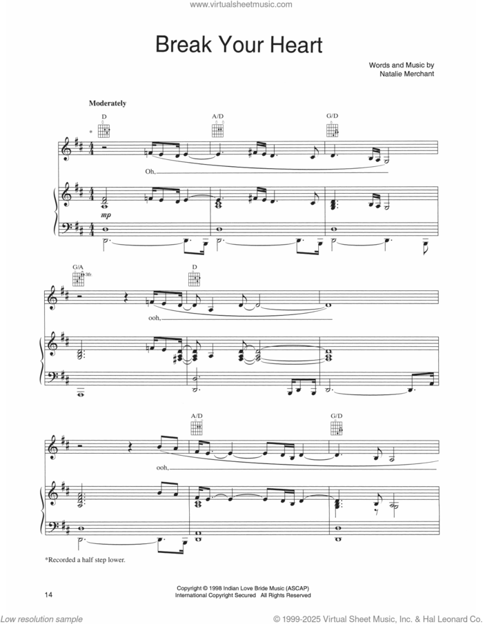 Break Your Heart sheet music for voice, piano or guitar by Natalie Merchant, intermediate skill level
