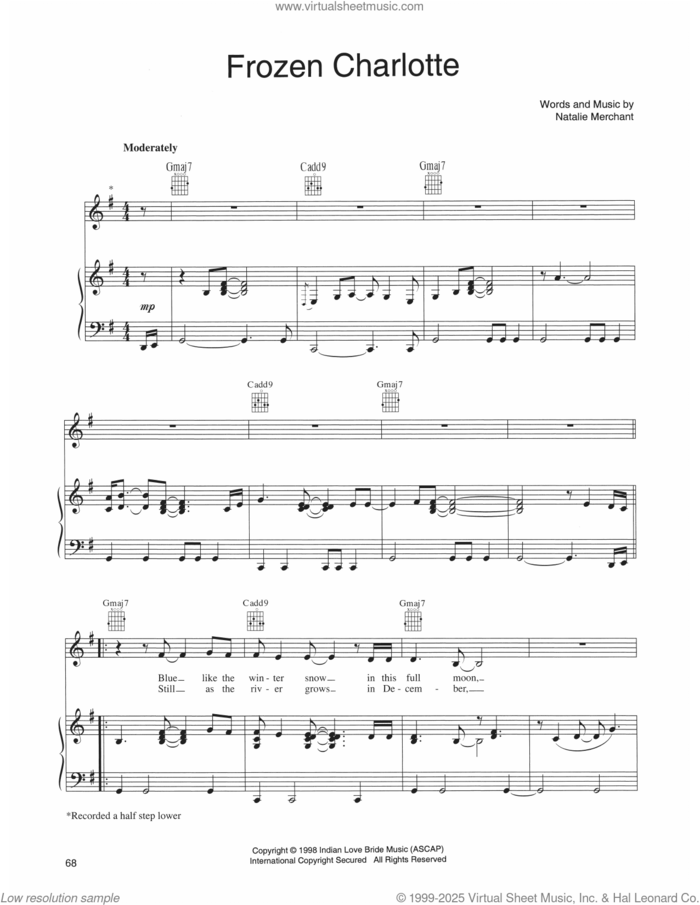 Frozen Charlotte sheet music for voice, piano or guitar by Natalie Merchant, intermediate skill level