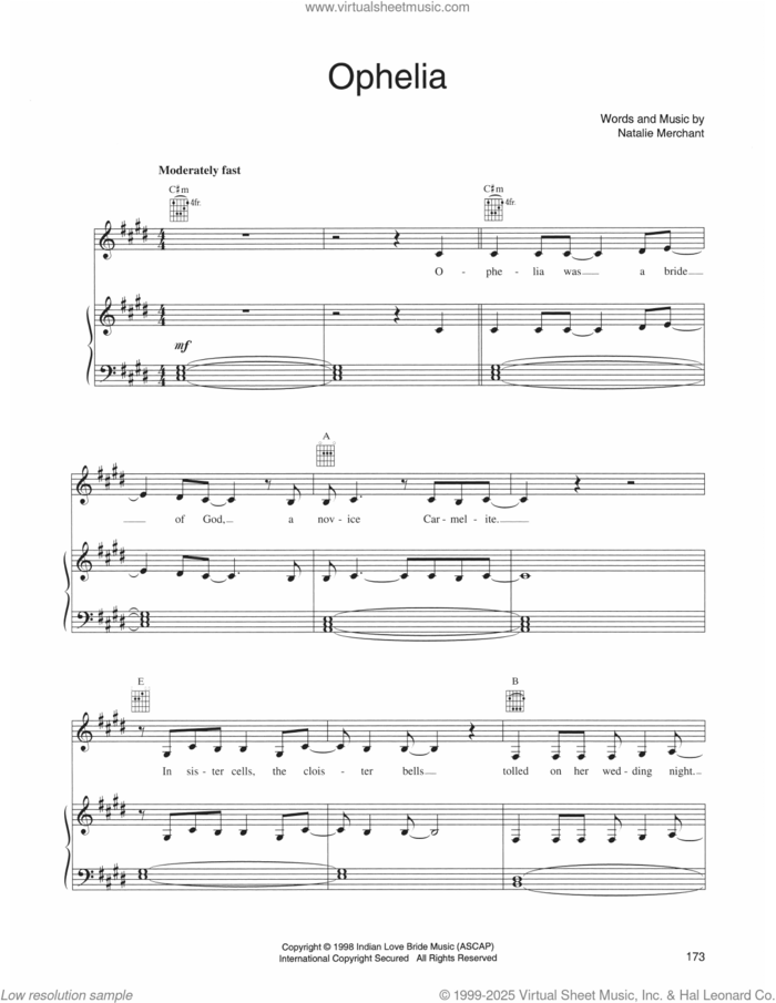Ophelia sheet music for voice, piano or guitar by Natalie Merchant, intermediate skill level