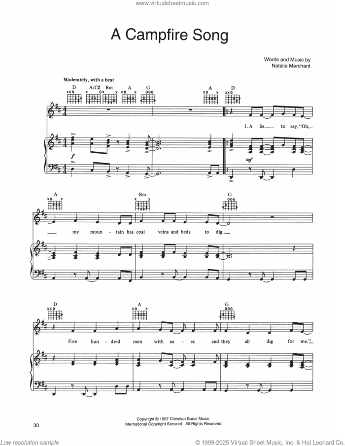 A Campfire Song sheet music for voice, piano or guitar by 10,000 Maniacs and Natalie Merchant, intermediate skill level
