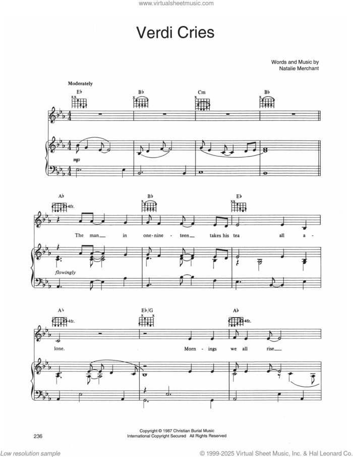 Verdi Cries sheet music for voice, piano or guitar by 10,000 Maniacs and Natalie Merchant, intermediate skill level