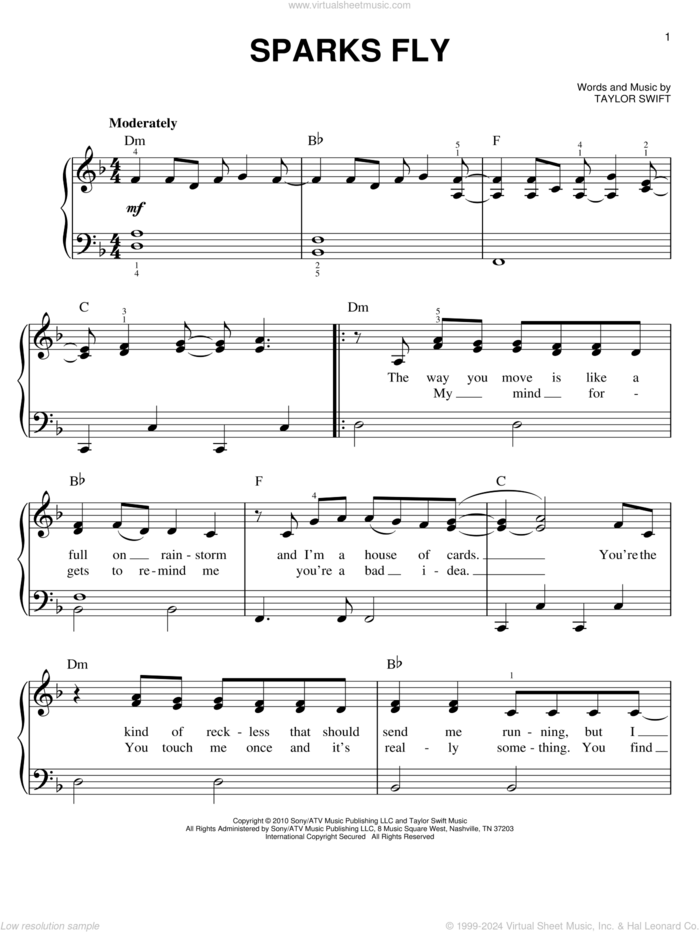 Sparks Fly, (easy) sheet music for piano solo by Taylor Swift, easy skill level