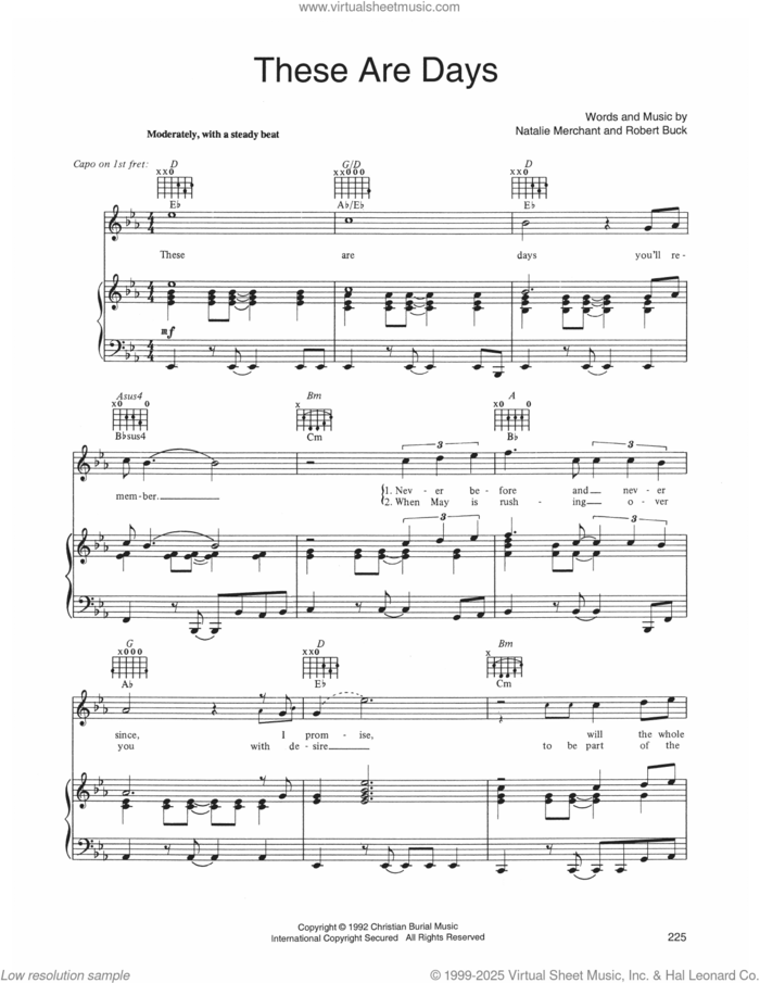 These Are Days sheet music for voice, piano or guitar by 10,000 Maniacs, Natalie Merchant and Robert Buck, intermediate skill level