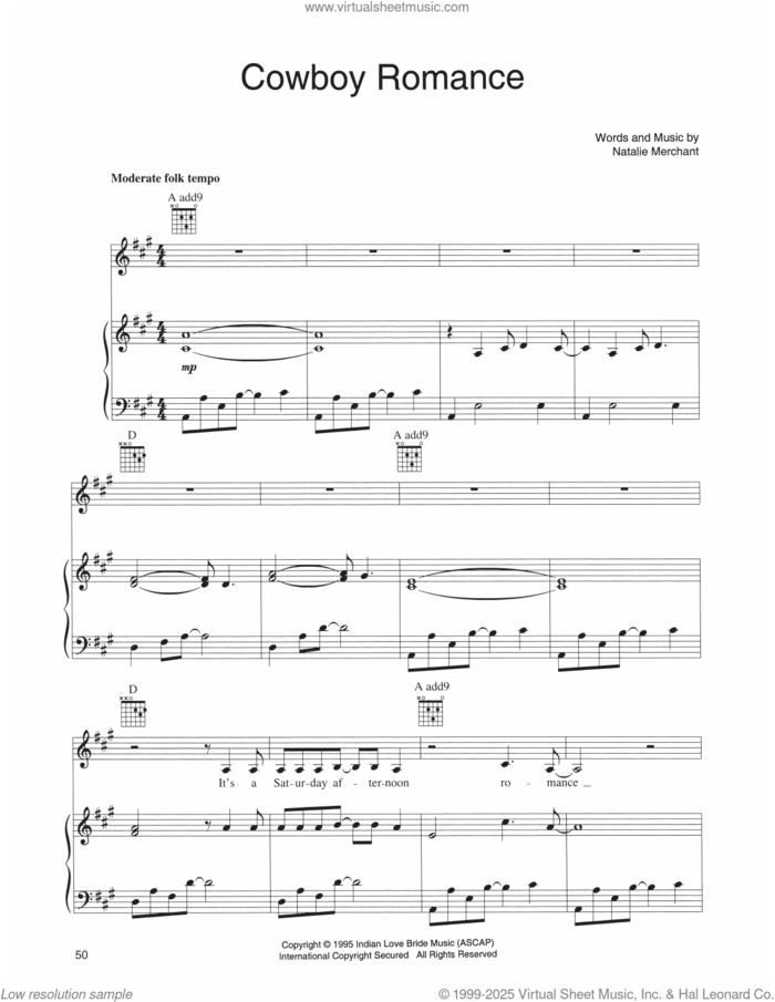 Cowboy Romance sheet music for voice, piano or guitar by Natalie Merchant, intermediate skill level