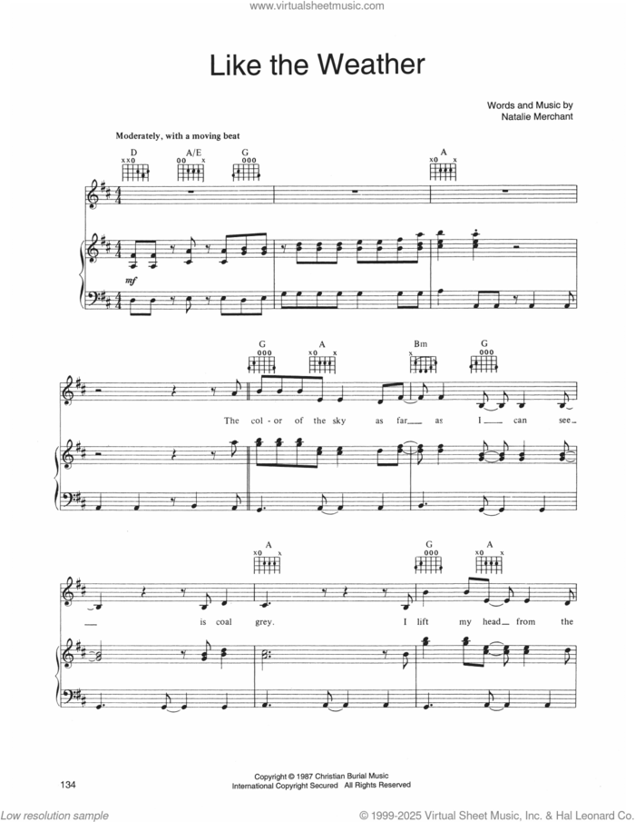 Like The Weather sheet music for voice, piano or guitar by 10,000 Maniacs and Natalie Merchant, intermediate skill level