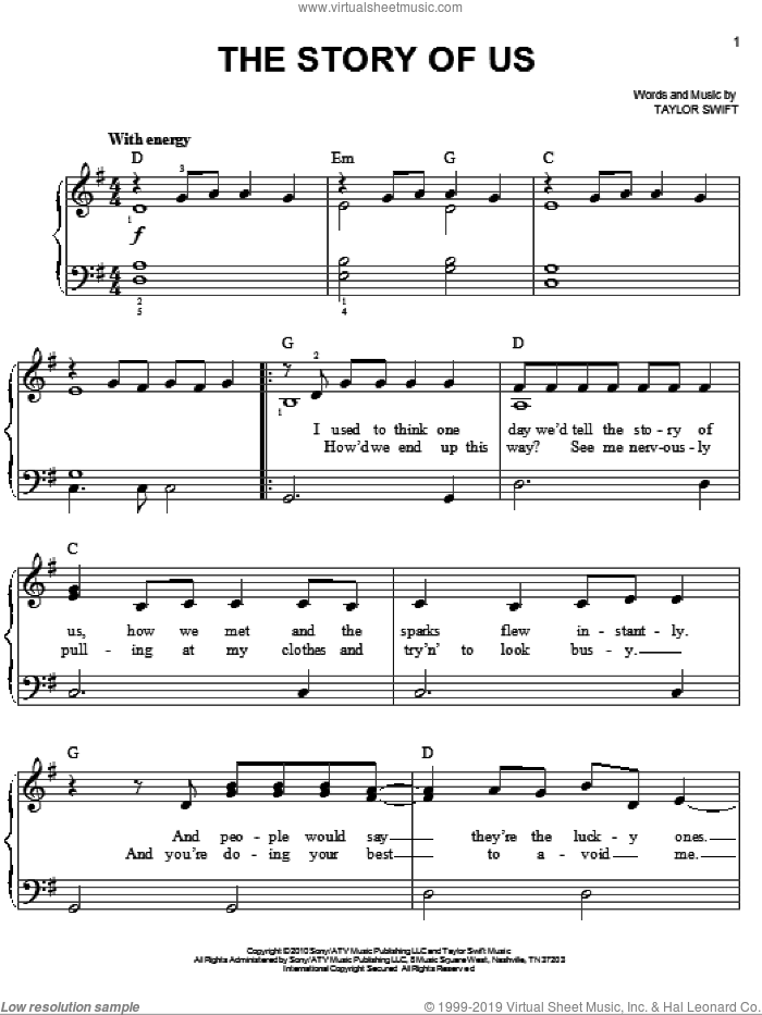 The Story Of Us, (easy) sheet music for piano solo by Taylor Swift, easy skill level