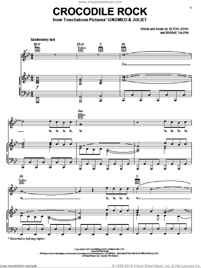 Crocodile Rock sheet music for voice, piano or guitar by Elton John, Gnomeo & Juliet (Movie), Bernie Taupin and James Newton Howard, intermediate skill level