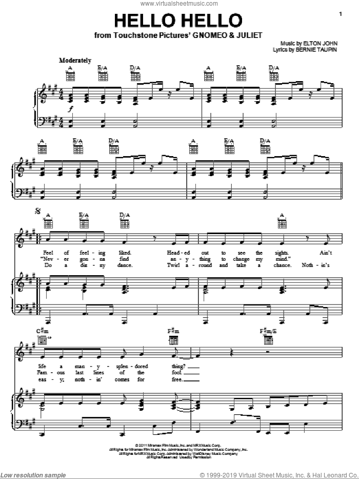 Hello Hello sheet music for voice, piano or guitar by Elton John, Gnomeo & Juliet (Movie), Bernie Taupin and James Newton Howard, intermediate skill level