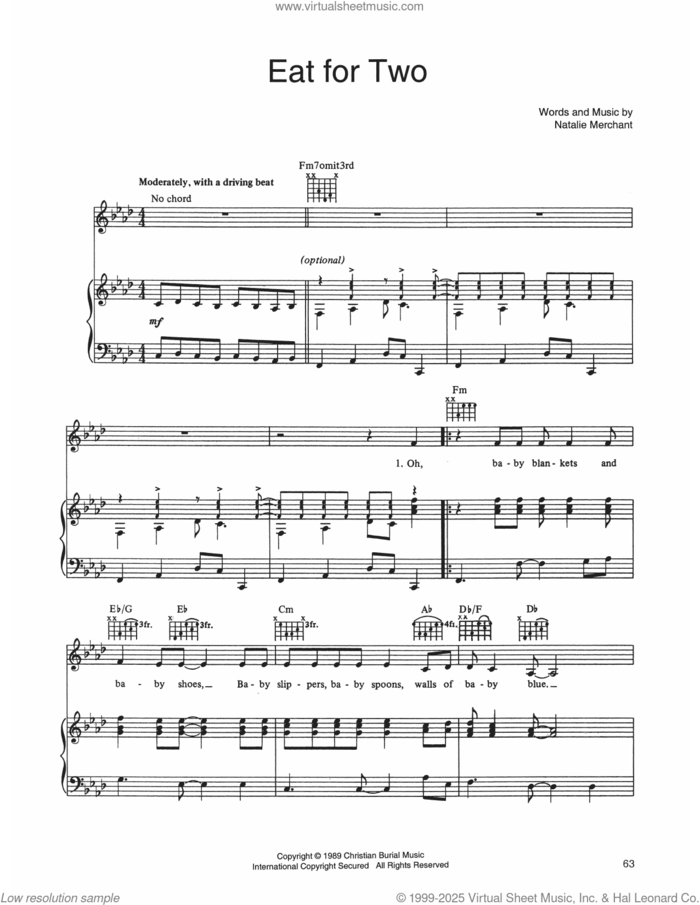 Eat For Two sheet music for voice, piano or guitar by 10,000 Maniacs and Natalie Merchant, intermediate skill level