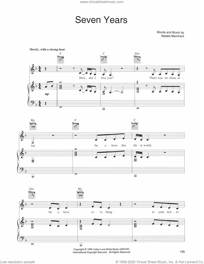 Seven Years sheet music for voice, piano or guitar by Natalie Merchant, intermediate skill level