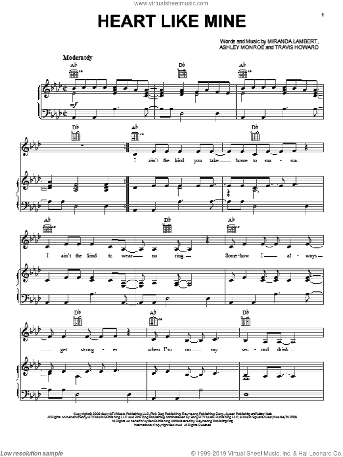 Heart Like Mine sheet music for voice, piano or guitar by Miranda Lambert, Ashley Monroe and Travis Howard, intermediate skill level