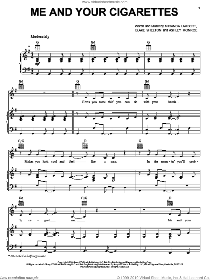 Me And Your Cigarettes sheet music for voice, piano or guitar by Miranda Lambert, Ashley Monroe and Blake Shelton, intermediate skill level