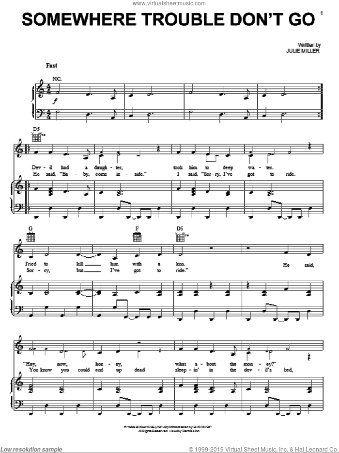 Somewhere Trouble Don't Go sheet music for voice, piano or guitar by Miranda Lambert and Julie Miller, intermediate skill level