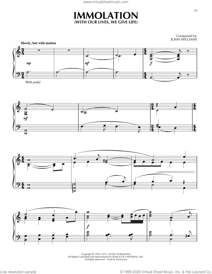 Immolation (With Our Lives, We Give Life) (from Schindler's List) sheet music for piano solo by John Williams, intermediate skill level