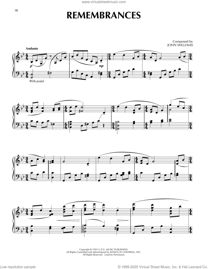Remembrances (from Schindler's List) sheet music for piano solo by John Williams, intermediate skill level