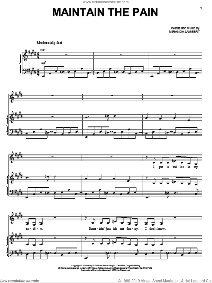 Maintain The Pain sheet music for voice, piano or guitar by Miranda Lambert, intermediate skill level