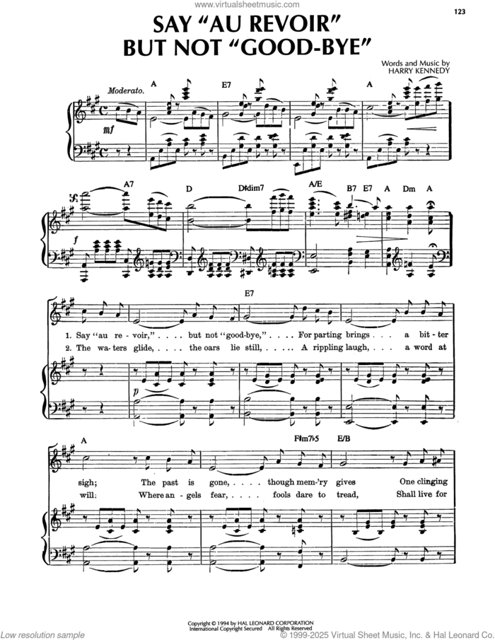 Say 'Au Revoir,' But Not 'Good-Bye' sheet music for voice, piano or guitar by Harry Kennedy, intermediate skill level