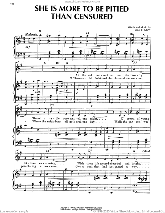 She Is More To Be Pitied Than Censured sheet music for voice, piano or guitar by William B. Gray, intermediate skill level