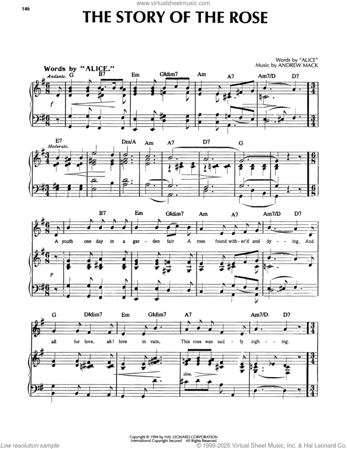 The Story Of The Rose sheet music for voice, piano or guitar by Andrew Mack and 'Alice', intermediate skill level