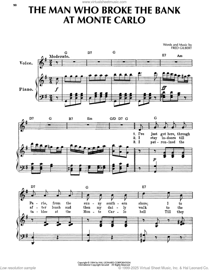 The Man Who Broke The Bank At Monte Carlo sheet music for voice, piano or guitar by Fred Gilbert, intermediate skill level