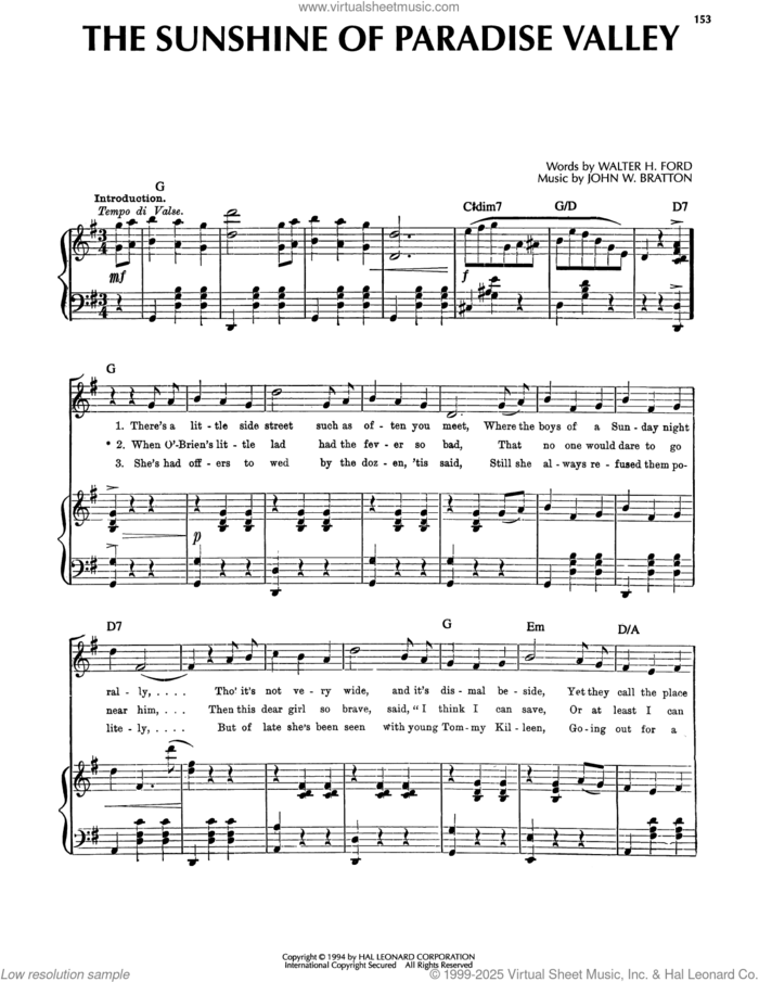 The Sunshine Of Paradise Valley sheet music for voice, piano or guitar by John W. Bratton and Walter H. Ford, intermediate skill level