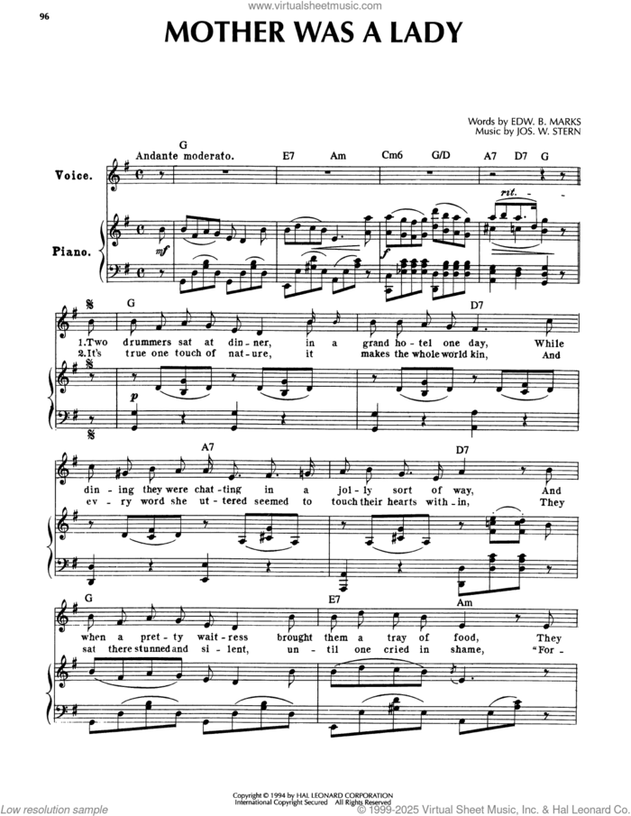 Mother Was A Lady sheet music for voice, piano or guitar by Joseph W. Stern and Edward B. Marks, intermediate skill level