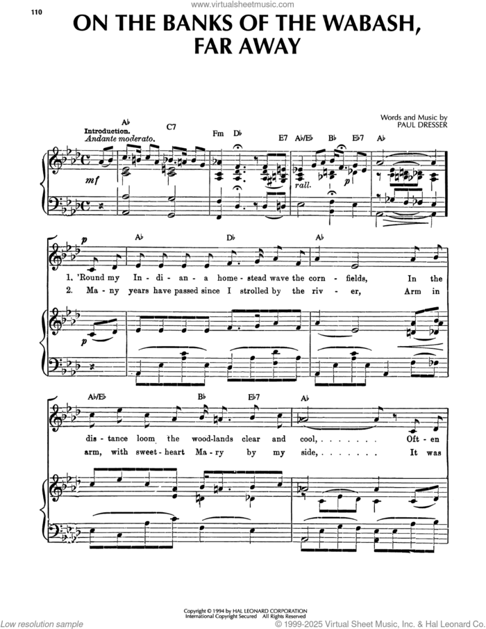 On The Banks Of The Wabash, Far Away sheet music for voice, piano or guitar by Paul Dresser, intermediate skill level