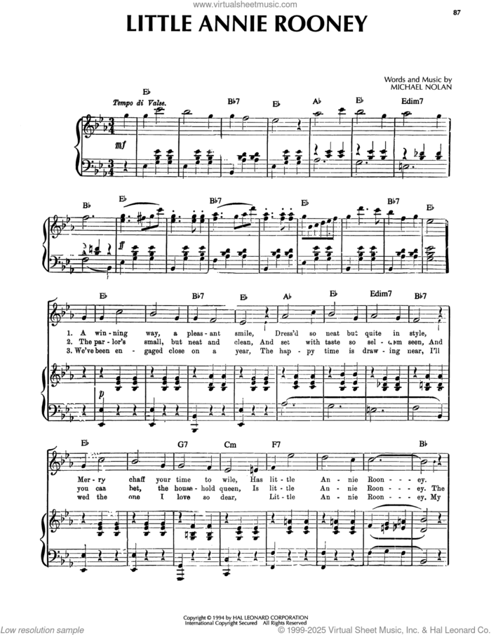 Little Annie Rooney sheet music for voice, piano or guitar by Michael Nolan, intermediate skill level