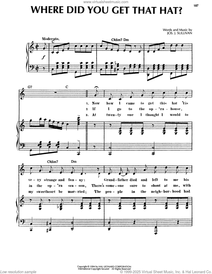 Where Did You Get That Hat? sheet music for voice, piano or guitar by Joseph J. Sullivan, classical score, intermediate skill level