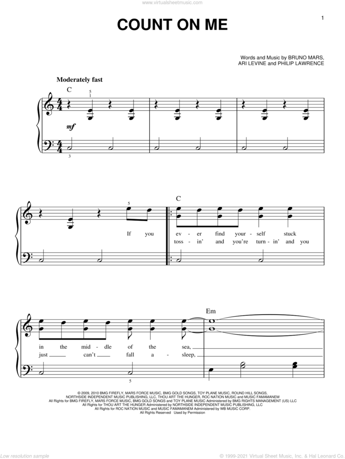 Count On Me, (easy) sheet music for piano solo by Bruno Mars, Ari Levine and Philip Lawrence, easy skill level