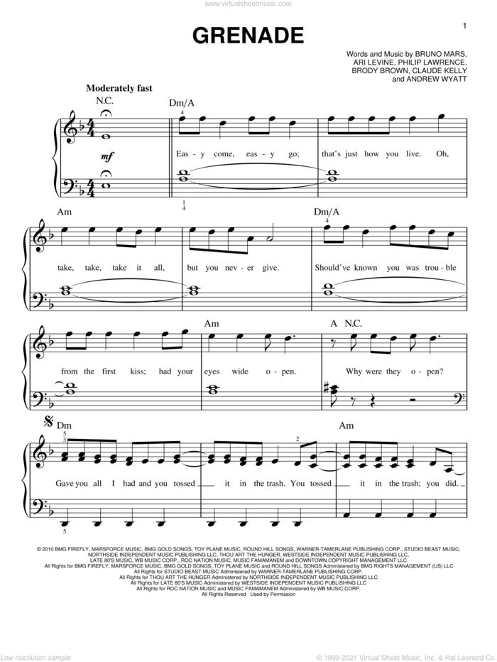 Grenade sheet music for piano solo by Bruno Mars, Andrew Wyatt, Ari Levine, Christopher Steven Brown, Claude Kelly and Philip Lawrence, easy skill level