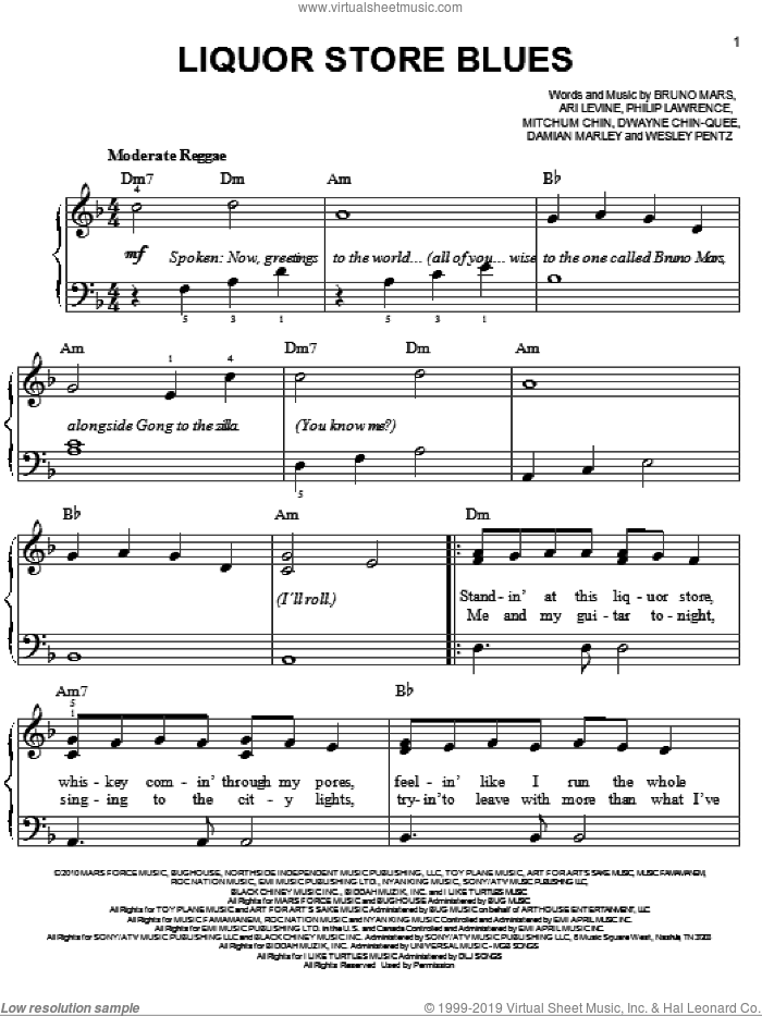 Liquor Store Blues sheet music for piano solo by Bruno Mars, Ari Levine, Damian Marley, Dwayne Chin-Quee, Mitchum Chin, Philip Lawrence and Thomas Wesley Pentz, easy skill level
