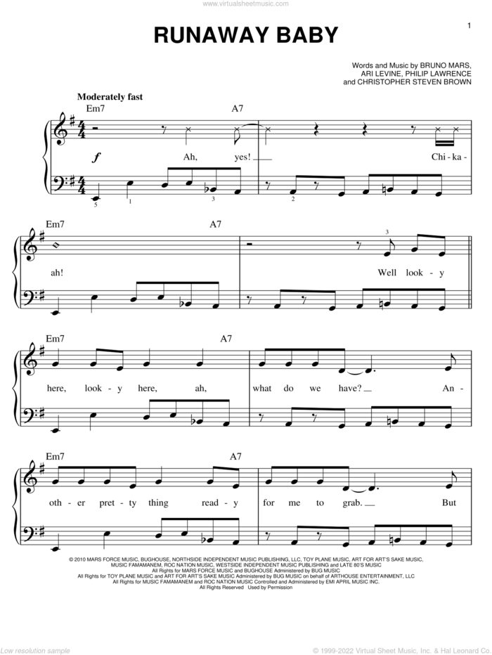 Runaway Baby sheet music for piano solo by Bruno Mars, Ari Levine, Christopher Steven Brown and Philip Lawrence, easy skill level